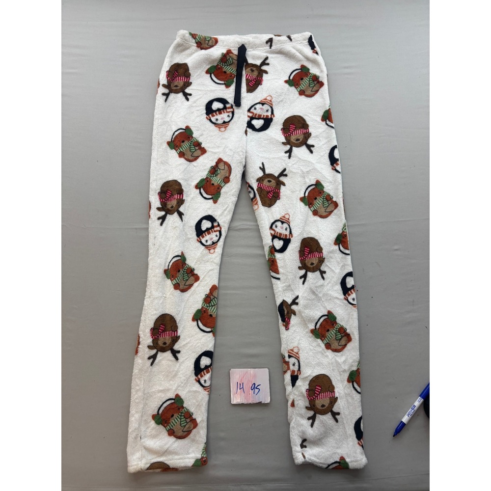 Holiday Fleece Pajama Pants White Reindeer Penguin Print Plush Sleepwear XL